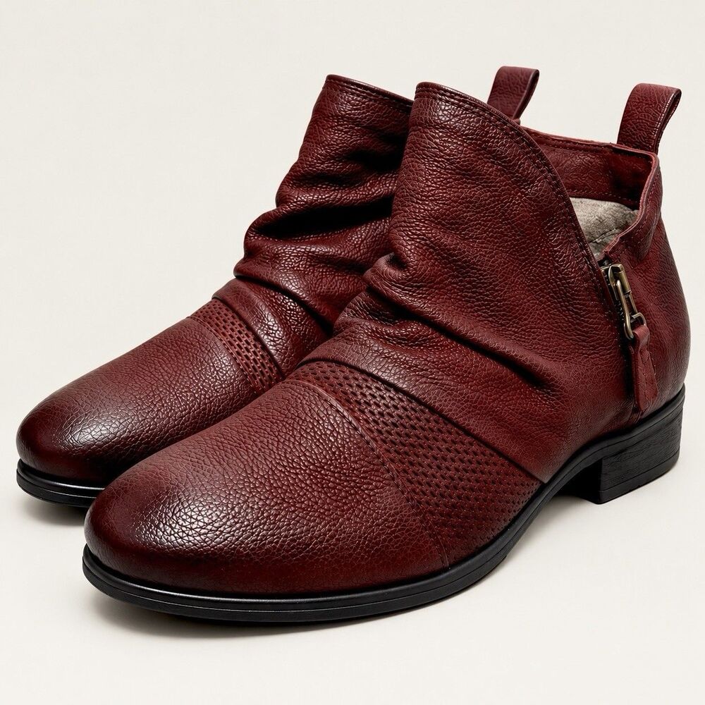 Miz Mooz Slinky Leather Ruched Ankle Booties Bordeaux EU 39 US 8.5-9 Side Zip